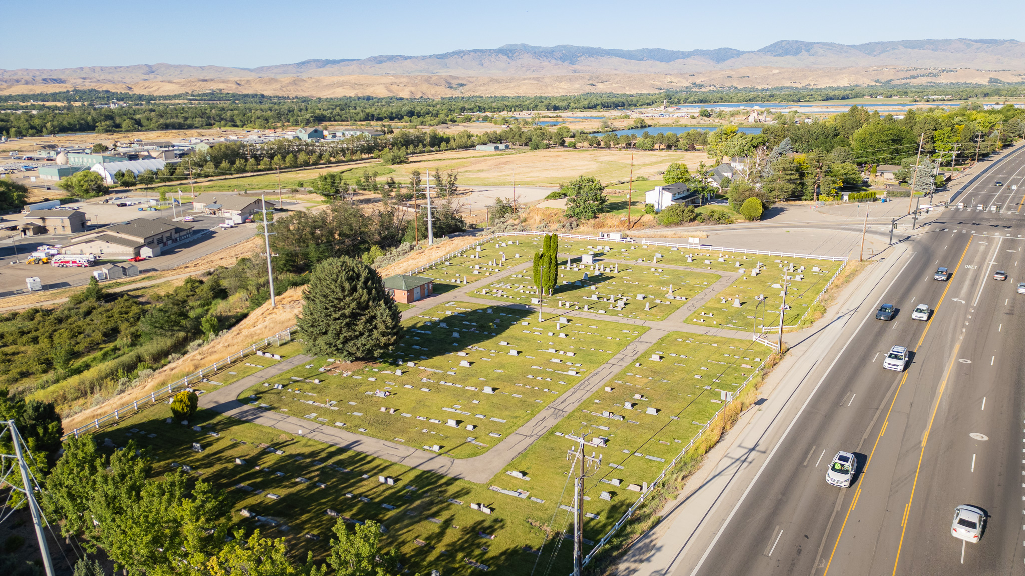 Aerial view of Joplin Cemetery showing the surrounding Treasure Valley and the Boise River