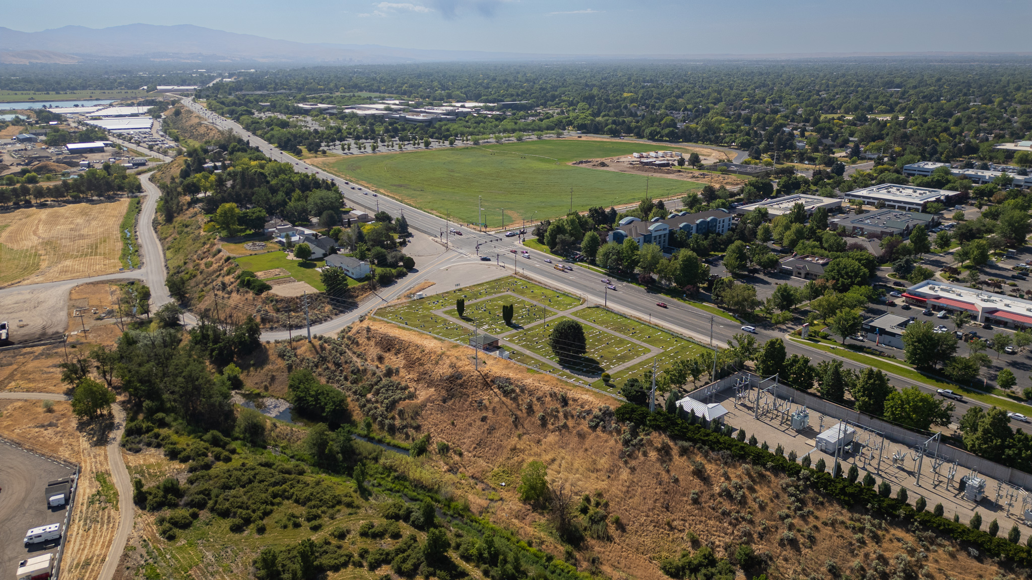 Aerial view of Joplin Cemetery with the Boise foothills in the background